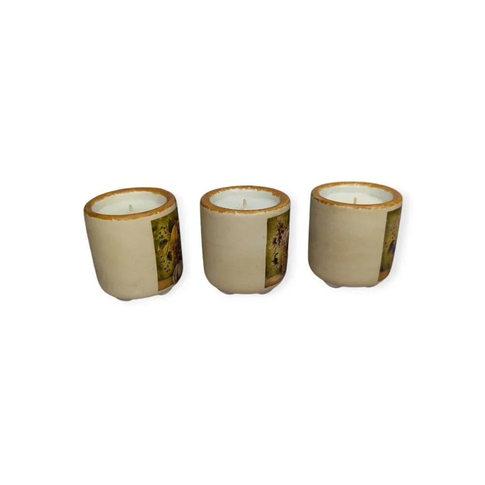 Set of 3 Ceramic Fall/Autumn Votive Sized Candle Holders with Candles Unused
